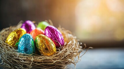 Sticker - Colorful chocolate Easter eggs wrapped in vibrant foil nestled in a straw basket