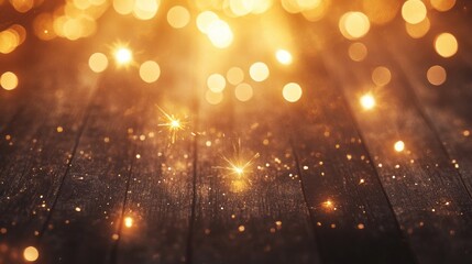 Wall Mural - Golden bokeh lights and sparkler effects on a rustic brown wooden background creating a festive atmosphere for holiday celebrations and party greetings