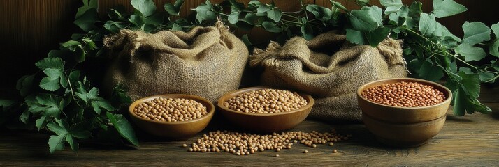 Poster - Bowls and sacks filled with various legumes rest on a rustic wooden table, surrounded by leafy accents, creating a warm, inviting display. Generative AI