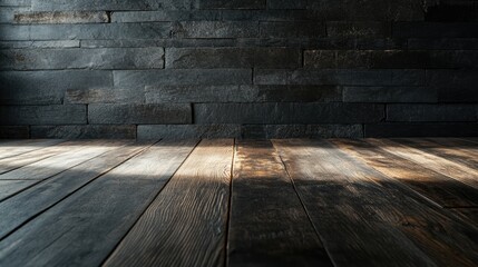 Sticker - Dark wooden floor transitions to a textured gray brick wall in the background