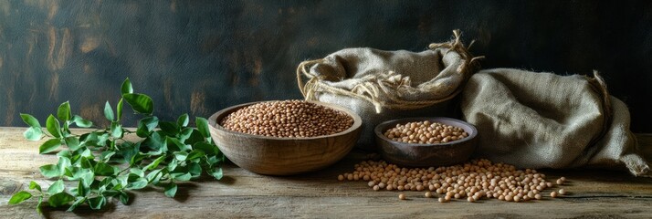 Poster - Bowls and sacks filled with lentils, beans, and chickpeas rest on a rustic wooden table amidst greenery, inviting culinary creativity. Generative AI