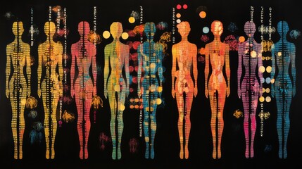 Leinwandbilder - Colorful DNA symbols layer over human silhouettes, representing the intricate relationship between genetics and human biology. Generative AI