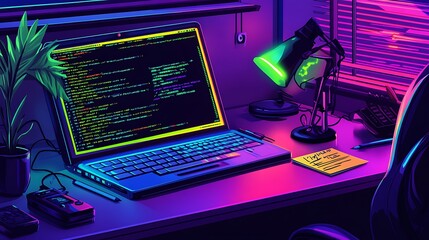 Poster - A vibrant workspace featuring a laptop with code, a lamp, and various tech accessories.