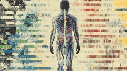 Aufkleber - Genetic code rows are intricately displayed alongside a human silhouette, showcasing the relationship between genetics and human biology. Generative AI