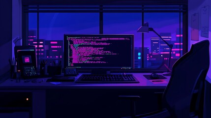 Poster - A digital workspace featuring a glowing monitor with code, set in a vibrant cityscape at night.