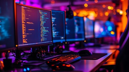  - A modern workspace featuring multiple monitors displaying code in a vibrant, tech-savvy environment.