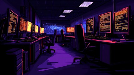 Poster - A dimly lit tech workspace featuring multiple monitors displaying code and data visualizations.