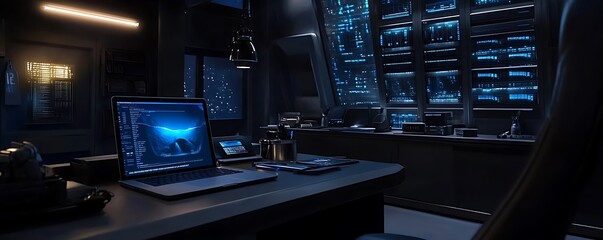 Poster - A sleek, modern office space with high-tech equipment and a nighttime city view.