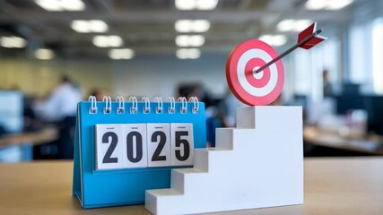Poster - A calendar for 2025 alongside a target and stairs, symbolizing goals and progress.