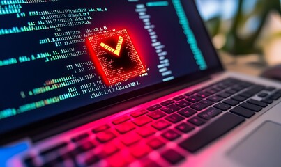  - A laptop displaying code with a highlighted graphic symbolizing cybersecurity.