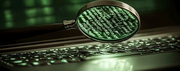  - A magnifying glass over a keyboard reveals green code, symbolizing digital investigation.