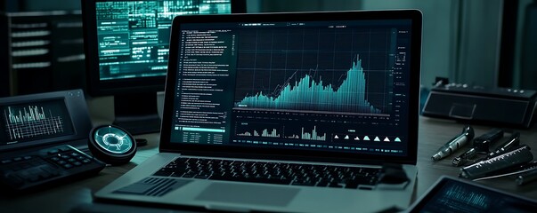 Poster - A workspace featuring a laptop displaying data visualizations and analytics.