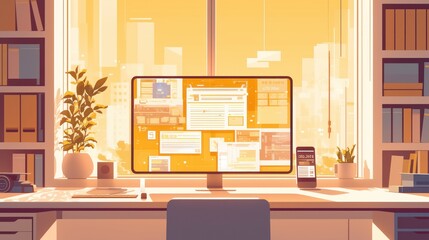 A modern workspace with a computer screen displaying a website layout, a smartphone, and a plant on a desk.