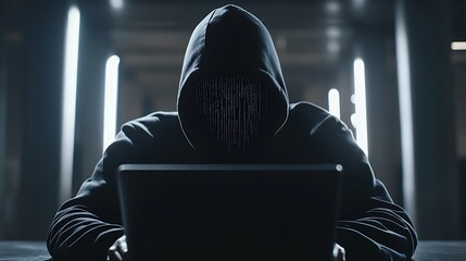  - A hooded figure with a digital face, working on a laptop in a dark, high-tech environment.