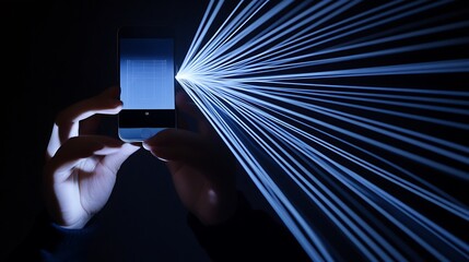 Poster - A person holding a smartphone emitting light beams in a dark environment.