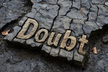 Cracked ground with the word 'Doubt' prominently displayed, symbolizing uncertainty and struggle. Creative lettering, typography