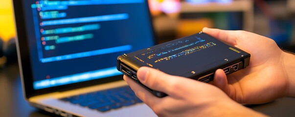  - A person holds a portable device while coding on a laptop in a tech-focused environment.