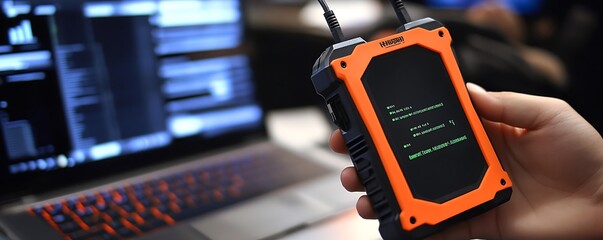  - A handheld device displaying code, connected to a laptop for data analysis or diagnostics.