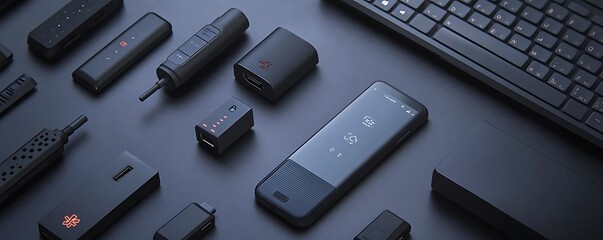 Poster - A collection of sleek, modern vaping devices and accessories arranged on a dark surface.