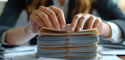 Poster - Businesswoman Organizing Document Files on Office Desk for Efficient Management