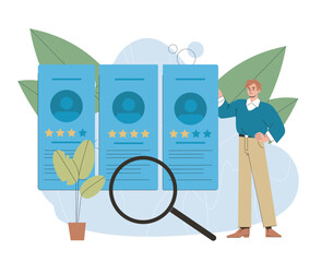 Wall Mural - Employee selection concept. Man with magnifying glass evaluates job candidate profiles. Human resources, hr manager with cv. Headhunting and recruitment. Flat vector illustration