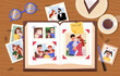 © Rudzhan - Family photo album. Top view at open scrapbook with pictures and images. Photographies of happy family. Memory and nostalgia. Open photoalbum at desk. Flat vector illustration