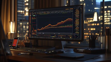 Poster - A workspace featuring a computer displaying financial charts in a modern office setting.