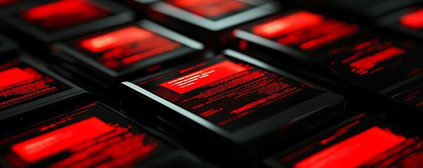 Poster - A collection of devices displaying red text on screens, suggesting a tech or data theme.