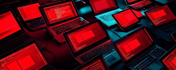  - A collection of laptops displaying code in a dim, red-lit environment.
