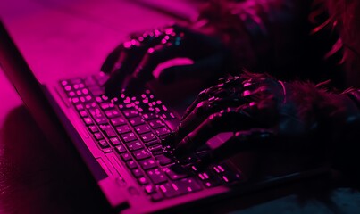 Poster - A close-up of gloved hands typing on a keyboard, illuminated by a vibrant pink light.