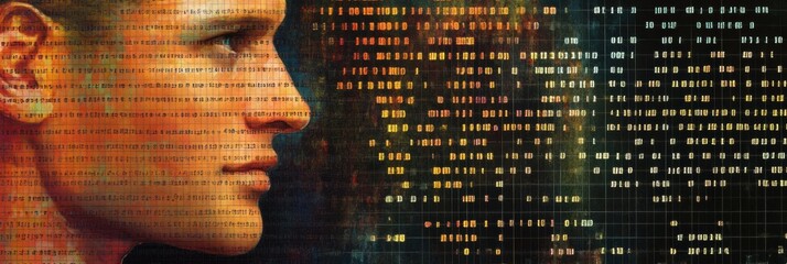 Poster - A human silhouette contrasts with layered genetic code, highlighting the intersection of biology and digital science. Generative AI