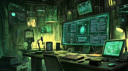  - A dimly lit tech workspace filled with screens and data displays, suggesting a hacker or analyst environment.