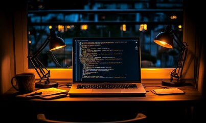 Poster - A cozy workspace with a laptop displaying code, illuminated by desk lamps at dusk.