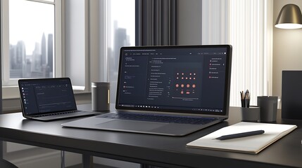 Poster - A modern workspace featuring a laptop and a desktop computer on a sleek desk.