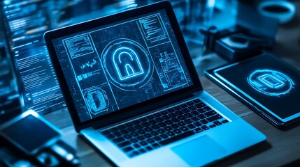  - A laptop displaying a digital lock symbol, emphasizing cybersecurity and data protection.