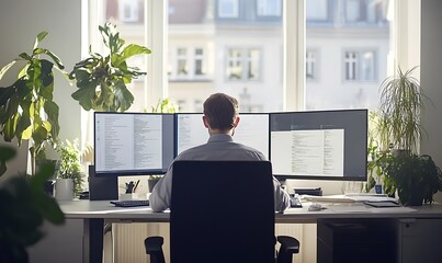 Poster - A person working at a desk with multiple monitors and plants in a well-lit office space.