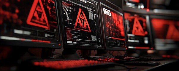 Fototapete - A dimly lit workspace featuring multiple monitors displaying red-themed graphics and code.
