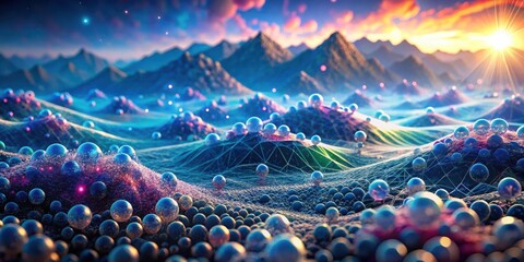 Wall Mural - nano scale molecular landscape scenic view with quantum light in hills and valleys