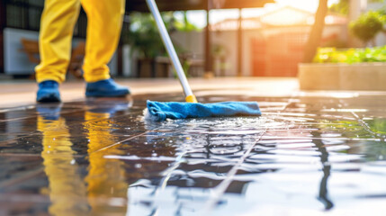 African American male worker cleaning the floor in an industrial plant.