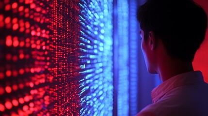 Poster - A person observes a vibrant digital display of red and blue lights, suggesting technology and data.