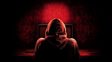 Poster - A hooded figure sits before a glowing computer screen in a dark, red-themed environment.