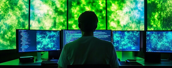  - A person seated before multiple monitors displaying colorful digital data and code.