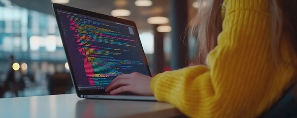  - A person typing on a laptop displaying colorful code in a modern workspace.