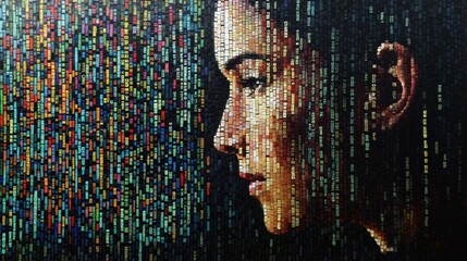 Fototapete - A silhouette of a human face overlays vibrant rows of genetic DNA sequences, symbolizing the intersection of biology and identity. Generative AI