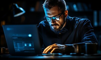 Poster - A focused individual working late at night on a laptop, illuminated by screen light.