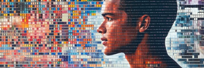 Poster - The artwork illustrates a human profile layered with rows of genetic codes, highlighting the connection between humanity and genetics. Generative AI