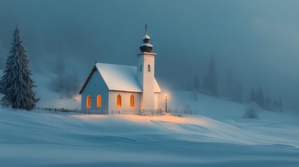 Poster - Illuminated Snow-Covered Church in a Misty Winter Landscape