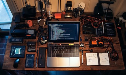 Fototapete - A workspace filled with technology, tools, and coding activities.