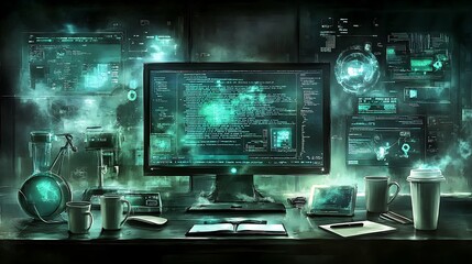 Poster - A digital workspace featuring a glowing monitor with code, data visualizations, and tech tools.