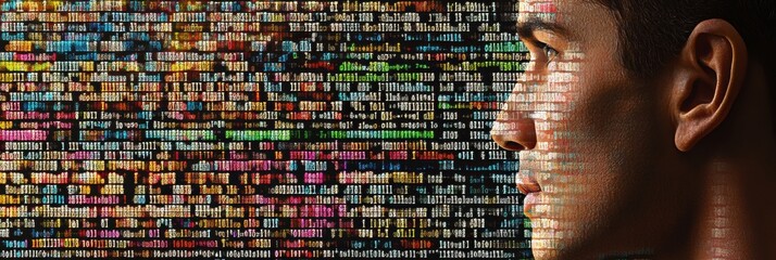 Poster - A human profile is superimposed on vibrant rows of genetic code, symbolizing the intersection of biology and technology. Generative AI